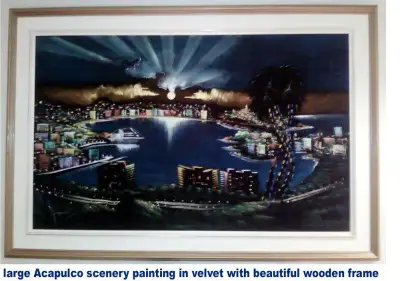 PAINTING ON VELVET CANVAS WITH WOODEN FRAME ACAPULCO BAY SCENERY PAINTING ON VELVET CANVAS WITH A BE...