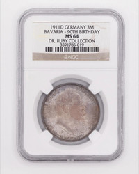 Germany: 1911 Barvaria- 90th Birthday, Drei 3 Mark, NGC MS64, Dr