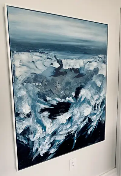 CB2 painting "Blue Crush" (40x50 inches) done by artist Patrick St. Germain. Acrylic paint and water...