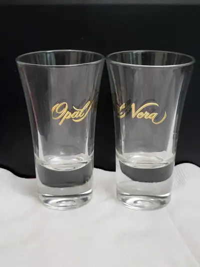 Set of TWO (2) Opal Nera Shot Glasses Gold Logo, View more