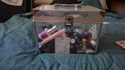 This is a clear, rectangular organizer case with a silver-toned handle and latches. It's filled with...