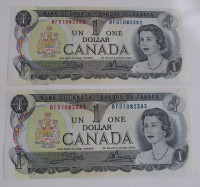 2 X 1973 Canadian 1 Dollar Bills w/Consecutive Serial Numbers