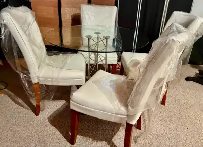 4 NEW re-upholstered chairs, round glass table (sell sep or set), View more