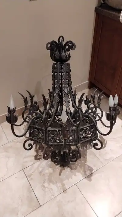 Large Vintage Handmade black cast iron 8-light Chandelier, View more