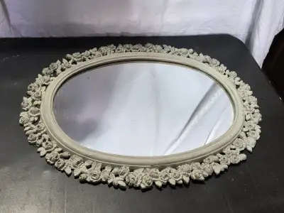 Vintage Oval Wood Mirror - Carved Rose Floral Frame, View more