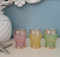 Trio of MCM vintage frosted & textured pastel & gold shot glass