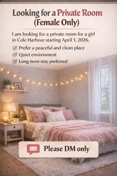 Hi! I’m looking for a private room in Cole Harbour from April 1, 2026. I’m working full-time, clean,...