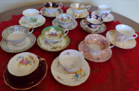 Selection of china tea cups with saucers