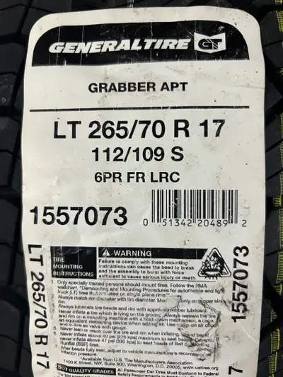 These are NEW General Grabber APT TOP-LINE true 4 Season tires. 265 70 17 with Mounted Snowflake - a...