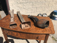 5 OLD VINTAGE COW BELLS + LEATHER STRAPS / SCHOOL + HOTEL BELLS