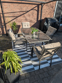 Outdoor patio dining set, table, chairs and cushions