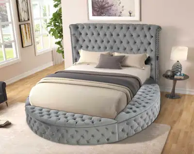 Upgrade Your Bedroom with This Stylish Round Storage Bed! Experience modern luxury with our queen-si...