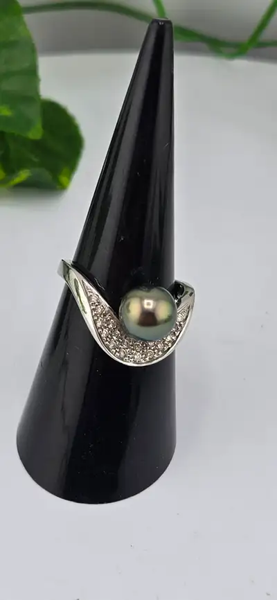 14KT White Gold Wave Ring -Tahitian Black Pearl & Diamond Accent, View more