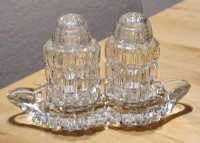 Vintage Chrystal/ Glass Salt and Pepper Shakers With Tray