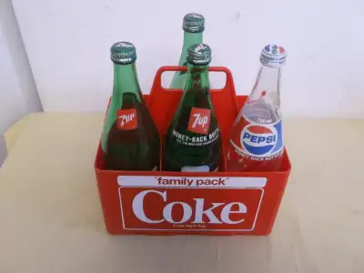 Vintage Pepsi 7-Up Coke 750 ML Glass Pop Bottles Plastic Case, View more