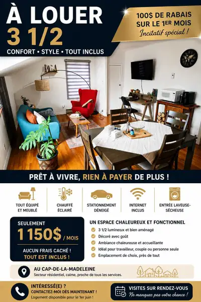 Magnifique 3 1/2 clé en main situé au Cap-de-la-Madeleine dans un secteur résidentiel calme et près...