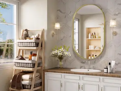 JIINGYO 24x32" Gold Oval Mirror - Wall Mount for Bath, Entryway, View more