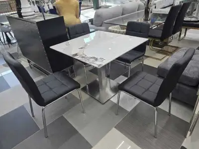 Square Marble-Top Dining Table Set with 4 Black Quilted Chairs, View more