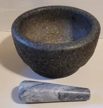Vintage Heavy Large Hand Carved Natural Granite Stone Mortar and Pestle - 8.5 inches diameter.