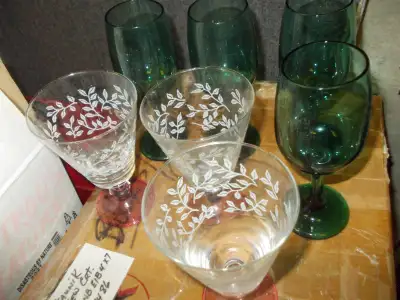 4 GREEN COLORED and 3 PATTERNED DRINKING WINE GOBLETS/GLASSES. COLLECTOR'S ITEMS OR USE---YOUR CHOIC...