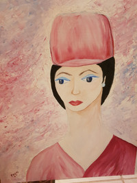 Lady in Pink with hat - 1960's oil painting