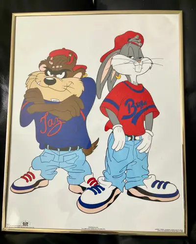 Vintage 1993 Looney Tunes poster framed under glass. Bugs Bunny and Taz Kriss Kross Urban Hip Hop. 1...