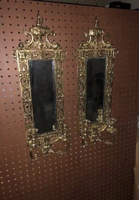 PAIR Antique Brass 'Dolphin' Mirrored Wall Sconces - 2 Feet High62863260489218121