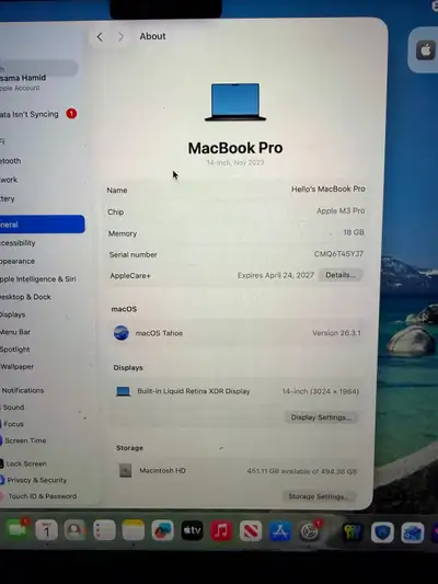 MacBook Pro M3 Pro Chip 14" 2023 18GB RAM 512 Storage 11 Core CPU 14 Core GPU AppleCare+ until April...