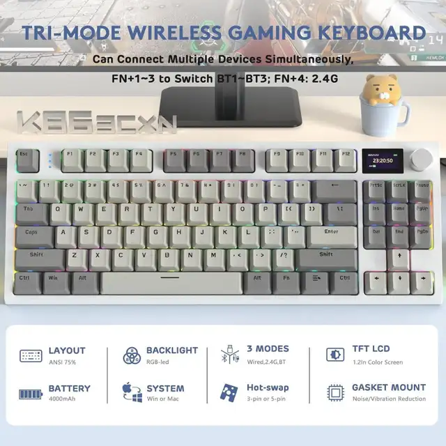Mechanical Keyboard Tri-Mode Wireless Gaming Keyboard 75% Layout in Mice, Keyboards & Webcams in Mississauga / Peel Region - Image 3