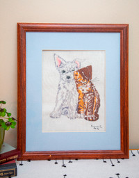 Vintage Framed Kitten & Puppy Embroidery (Please Read Ad)