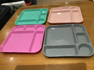 Four Large Plastic Sectional Dinner plates Very clean , basically new Great for kids or adults to us...