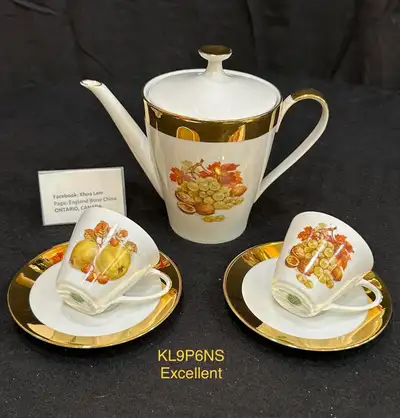 Heavy gold trim orchard/ fruit tea pot & 2 cups Germany Mint condition Great gift for wedding or ann...