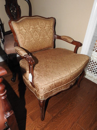 REDUCED vintage low back Bergere arm chair, new gold fabric