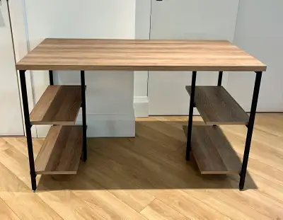 BRAND NEW - Wood Veneer Desk with 4 shelves and black metal legs, View more