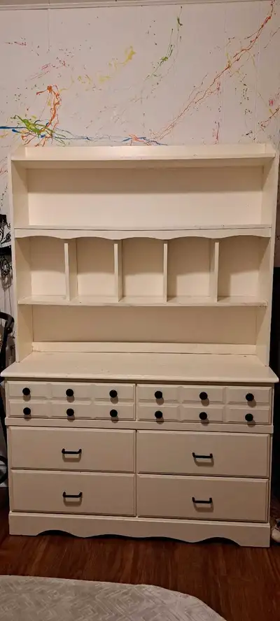 Funtional 6 drawer dresser with shelf/hutch. Dresser measures 46.5" across, 15.75" deep & 30" high....