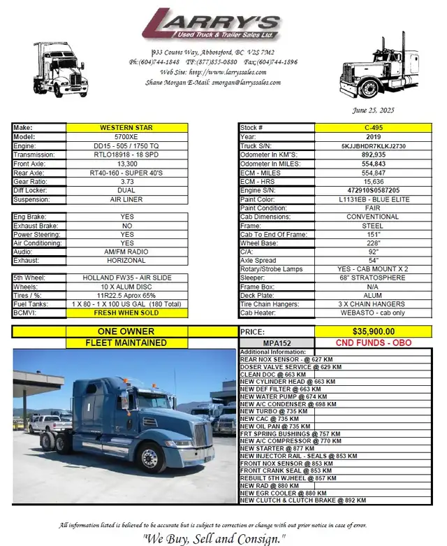 2019 WESTERN STAR 5700XE (C-495) in Heavy Trucks in Abbotsford - Image 7