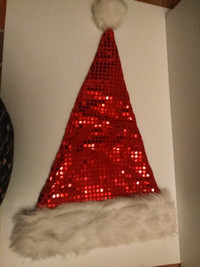 Christmas: red and white adult sequin santa hat 19" 1990s
