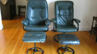 Two Leather Recliner-chairs with Ottoman in good condition. Dark green. Smoke, Pet free house.They a...
