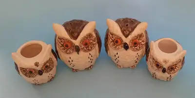 Vintage owl set salt & pepper shakers and 2 toothpick holders. Price is for all four items. Made in...