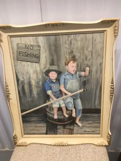 VINTAGE FOLK ART PAINTING NO FISHING GREAT FOR COTTAGE CABIN, View more