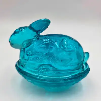 Vintage Blue Glass Bunny Rabbit Basket Weave Nest Covered Candy, View more