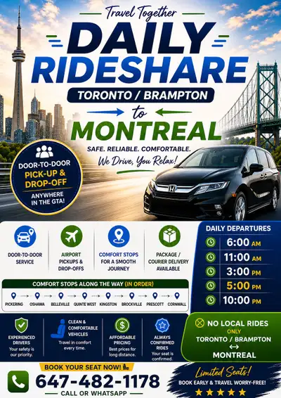 Toronto Montreal Rideshare | Parcel | Door to door, View more