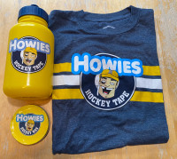 Howie’s Hockey Adult XS t-shirt, unused water bottle, tin of wax