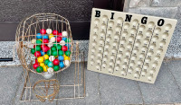 Vintage “Bingo” Metal Cage, Game Board, Playing Balls (c. 1960s)