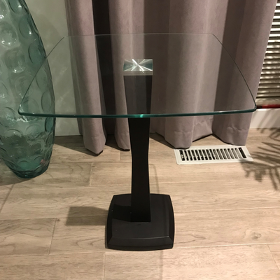 Small square glass-top black wood base end table, View more
