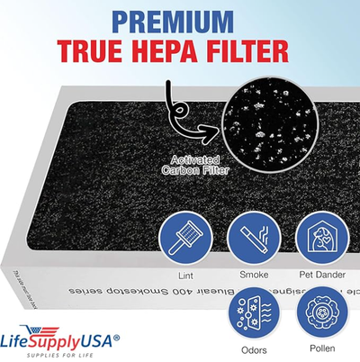 New sealed LifeSupplyUSA True HEPA SmokeStop Filter Replacement Compatible with Blueair 400 Series 4...
