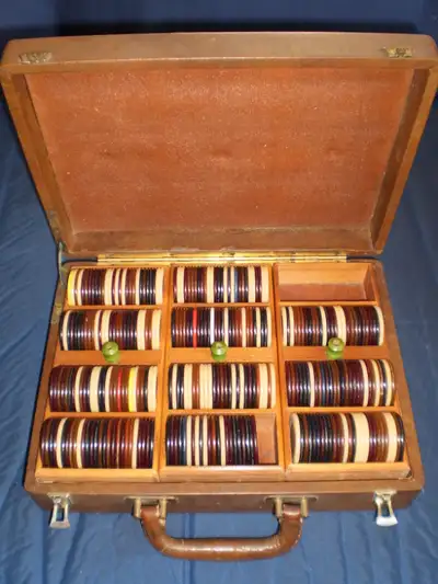 A Very Unique Set of Poker Chips (?) Wood Leather Covered Box with Handle, Box size, approx 3x8.5x11...