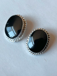 Vintage MCM Mexican Sterling Silver & Onyx Earrings (Clip-Ons)