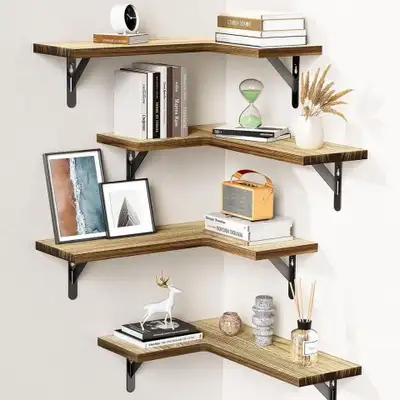 4-Pc Corner Floating Shelf Set • Natural Brown Wood Finish BNIB, View more