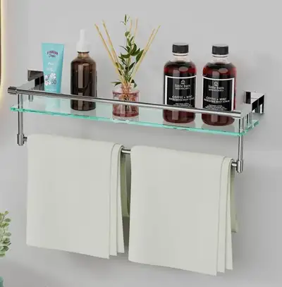 GLASS FLOATING SHELF WITH TOWEL ROD 24” BRUSHED CHROME USED - GOOD CONDITION * 1 tiny minor chip alo...